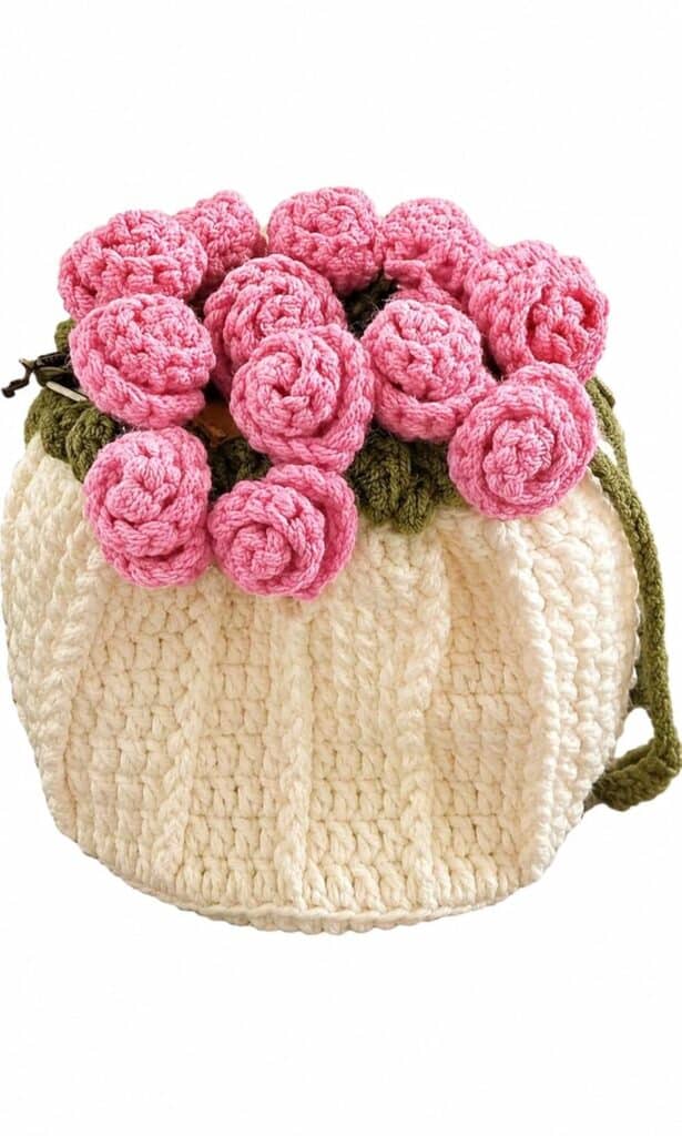 RHC Handmade Crochet Bucket Bag with 3D Red Rose Floral Embellishment, Cream and Pink, Medium, Women's Crossbody Handbag 18×18