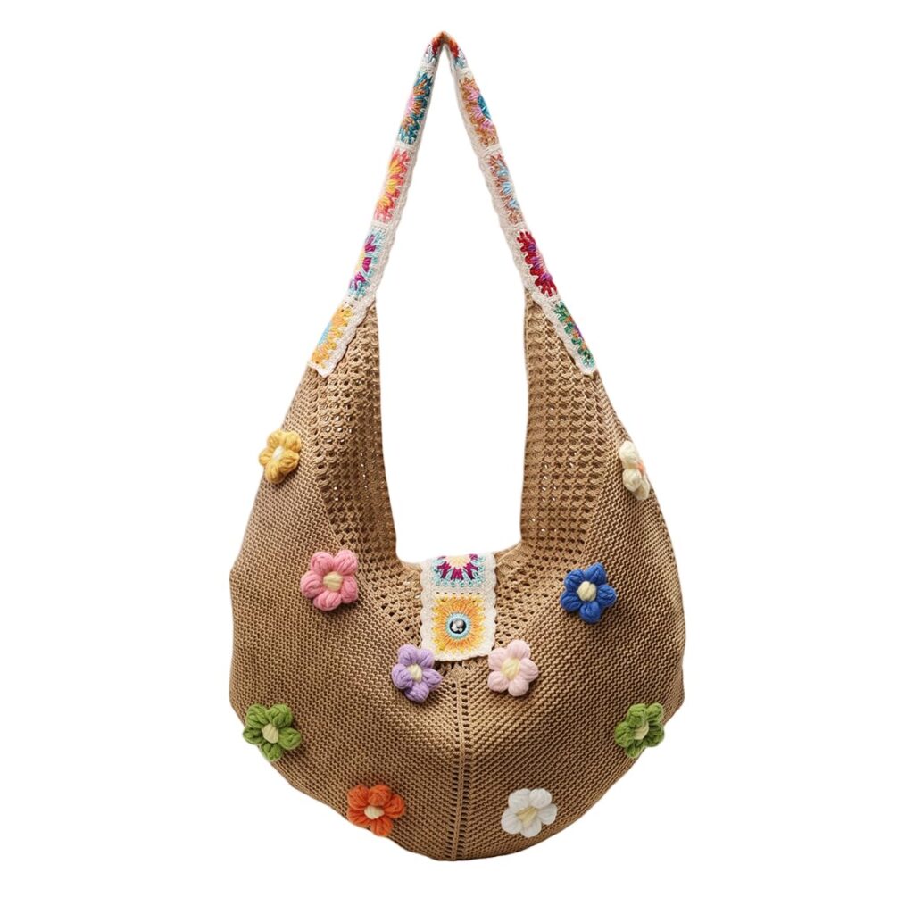 PALAY® Tote Bag for Woman Crochet Mesh Beach Shoulder Bags with Flower Brooch Summer Vacation Knitted Bag for Women Shoulder