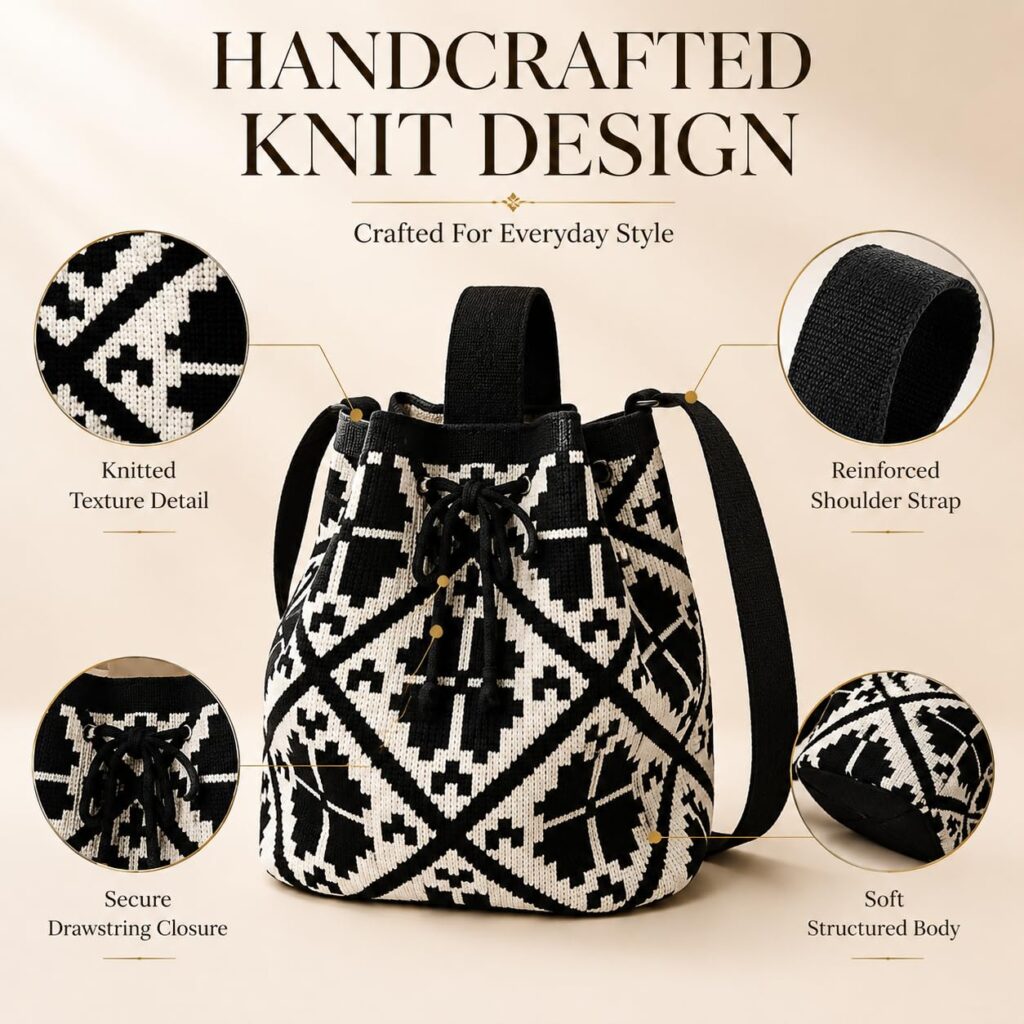 Kawn Women's Crochet Drawstring Bucket Bag, Stylish Tote Purse, Crossbody Shoulder Bag, Boho Chic Handbag for Beaches, Party and Everyday Use.