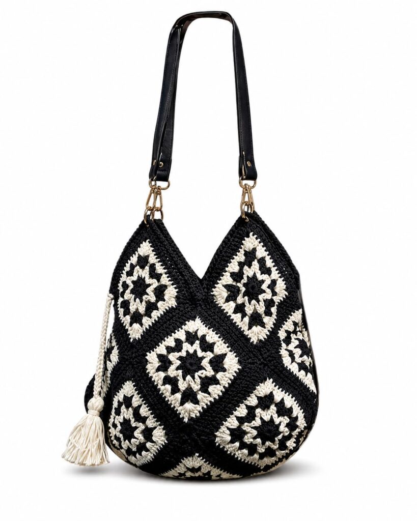 Black & White Crochet Tote Bag for Women – Vintage Granny Square Handbag, Diamond Pattern, Stylish Office & Festival Bag, Fits 14" Laptop/MacBook