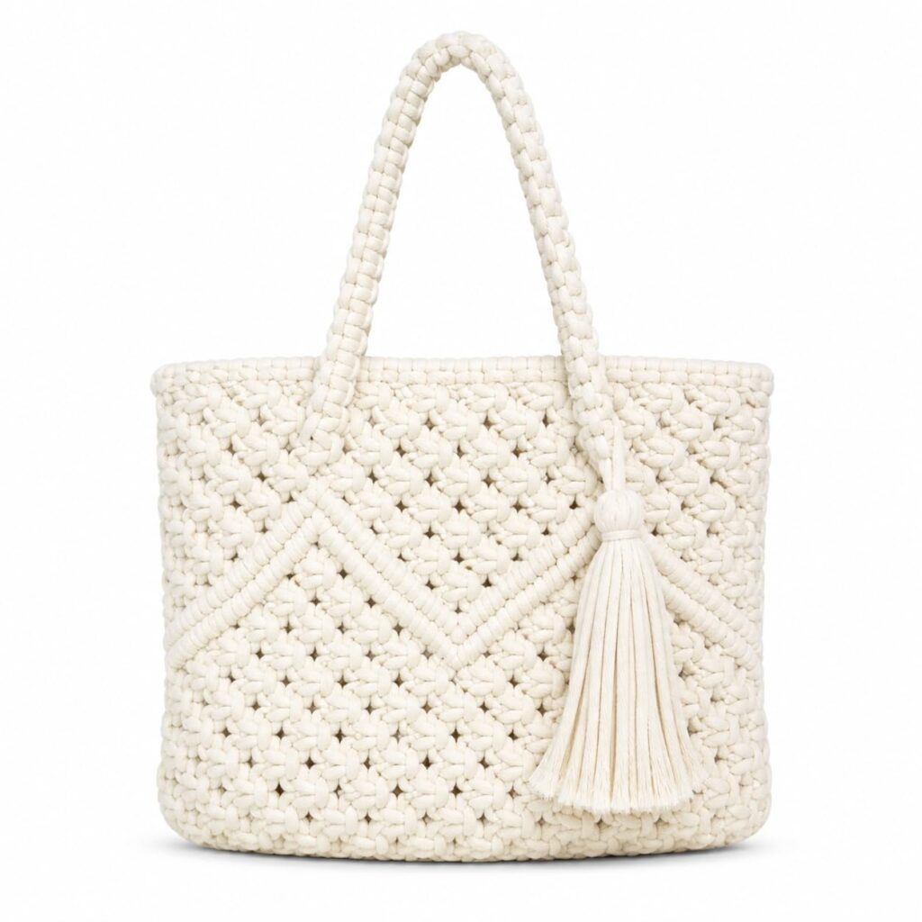 Creation Handmade Cotton Macrame Tote Bag with Zipper & Lining | Eco-Friendly Small Shoulder Handbag for Women & Girls | Made in India | Unique Gift Under 300 | Off-White,1- Piece, Size 7X9 in