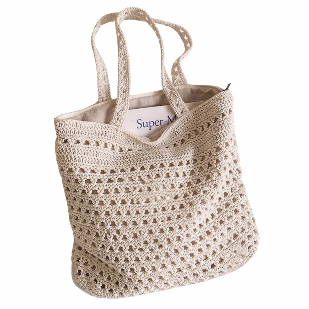 Crochet Cotton Shoulder Bag, Beige Handcrafted Tote with Floral Granny Squares, Large Spacious Design for Daily Essentials 30cm by 25cm