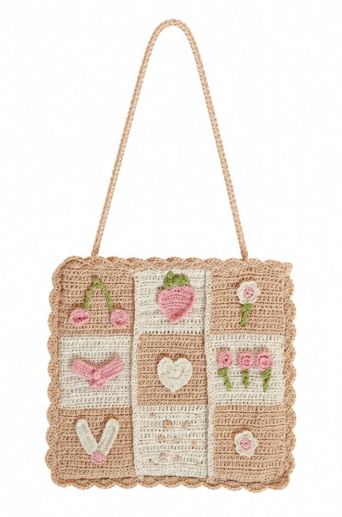 Crochet Tote Bag, Beige, Floral and Heart Applique, Scalloped Edge, 30.5 x 30.5 cm, 63.5 cm Strap