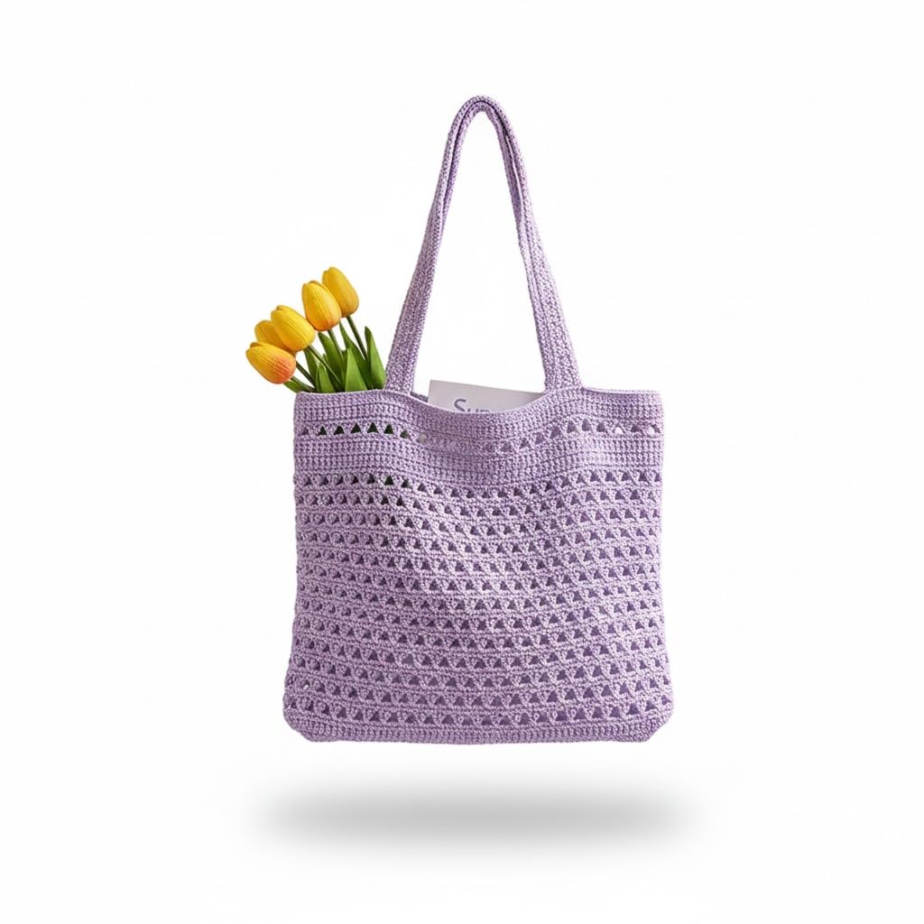 Crochet Tote Bag, Purple, Handmade Knit Shoulder Bag with Handles, Beach Shopping Bag