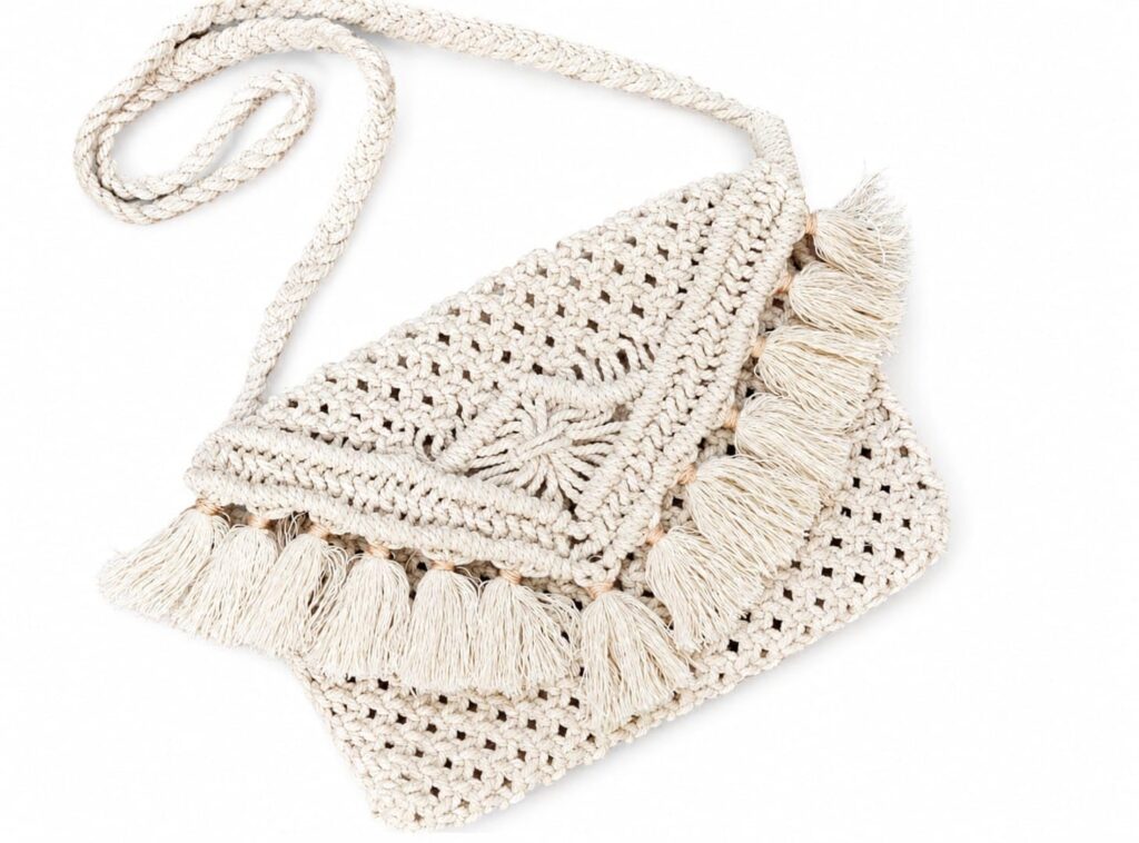 Handcrafted Cotton Macrame Sling Bag for Women | 8 x 8 Inches Boho Crossbody Shoulder Bag with Tassel Fringe | Woven Crochet Handbag | (Style 1)
