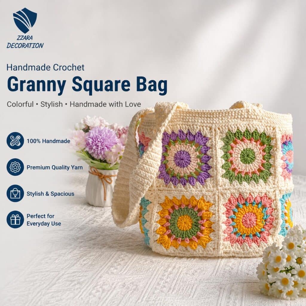 Handcrafted Crochet Cotton Shoulder Bag, Handmade Granny Square Pattern Medium Size, Bohemian Style Beautiful Multicolor Handbag