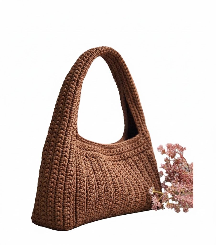 Handmade Crochet Shoulder Bag, Brown, Knitted Hobo Style, Single Handle, Casual Everyday Use