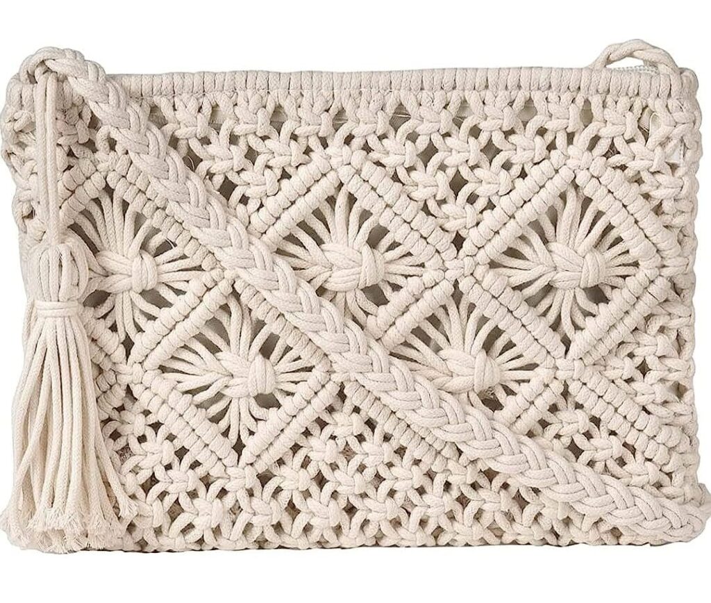 Handmade Macrame Bag with Beautiful Tassel, Crossbody Sling Bags Tote Bag, Mobile Pouch, Kit For Girls Women's Handmade Bags For Gift Marriage Birthday Function Party Off White, 1-Piece