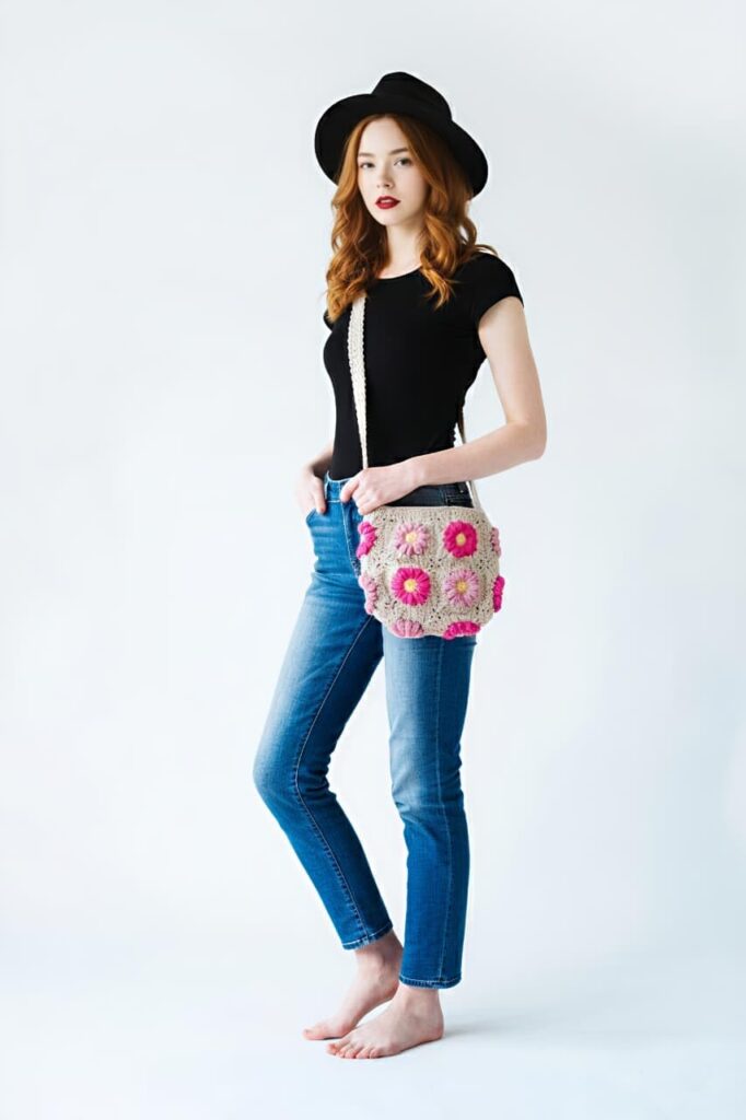 I.F.H Handmade Crochet Daisy Crossbody Bag for Women & Girls, Floral Cotton Shoulder Bag, Lightweight Knitted Tote Purse, Cute Casual Handbag