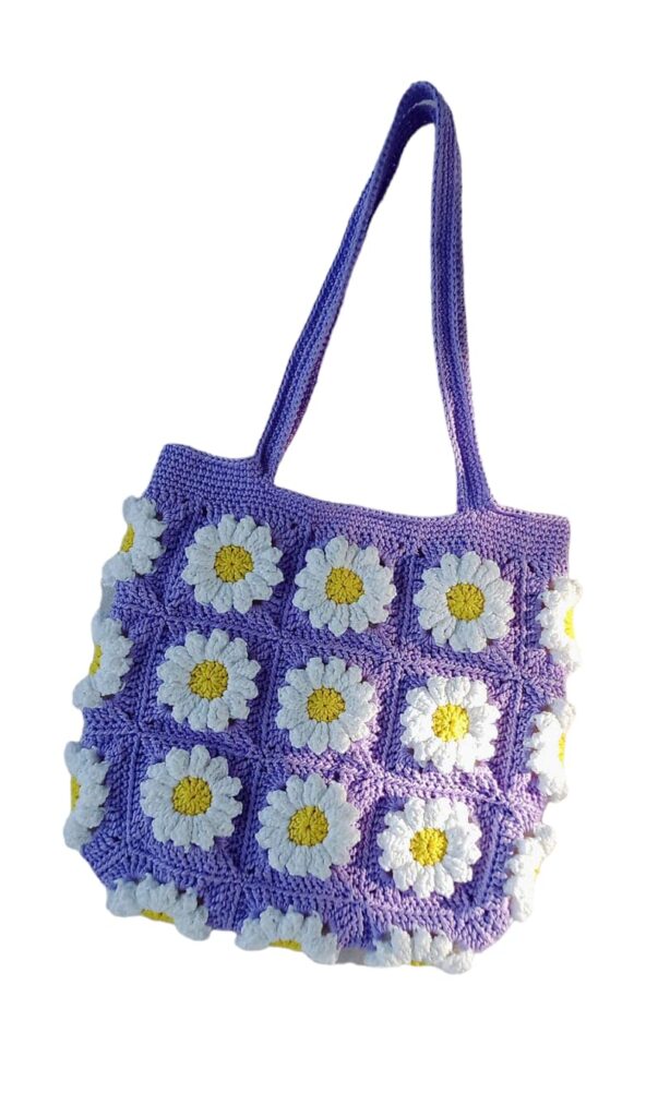 I.F.H Handmade Crochet Daisy Tote Bag for Women, Floral Granny Square Shoulder Bag, Purple Cotton Crochet Handbag, Aesthetic Flower Tote Purse