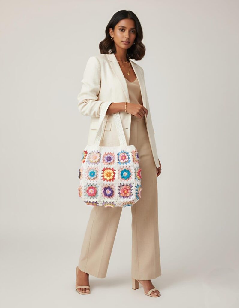 I.F.H Handmade Crochet Granny Square Shoulder Bag for Women, Wool Floral Tote Bag, Bohemian Knitted Handbag, Multicolor