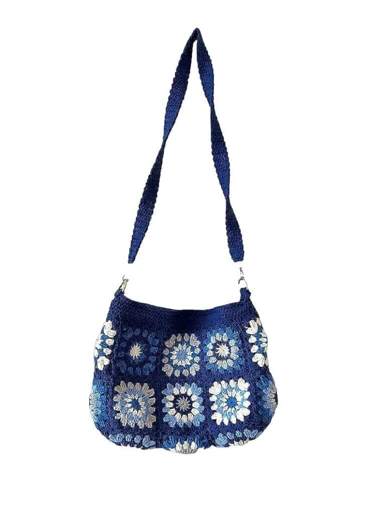 I.F.H Handmade Crochet Sling Bag for Women | Blue Floral Granny Square Crossbody Bag | Cotton Knitted Shoulder Purse | Boho Handmade Handbag for Daily Use, Travel & Gifting