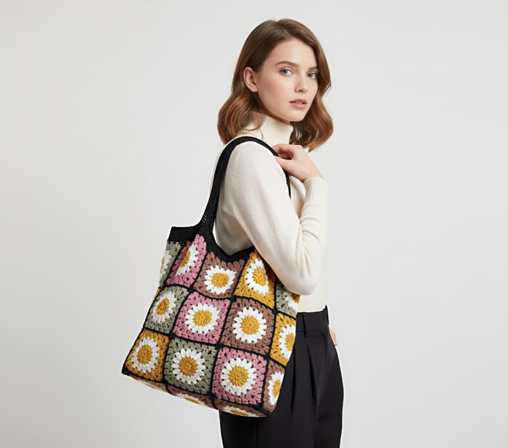 I.F.H Handmade Crochet Tote Bag for Women | Daisy Flower Shoulder Bag | Cotton Knitted Boho Handbag | Large Crochet Shopper Tote | Multicolor Floral Bag