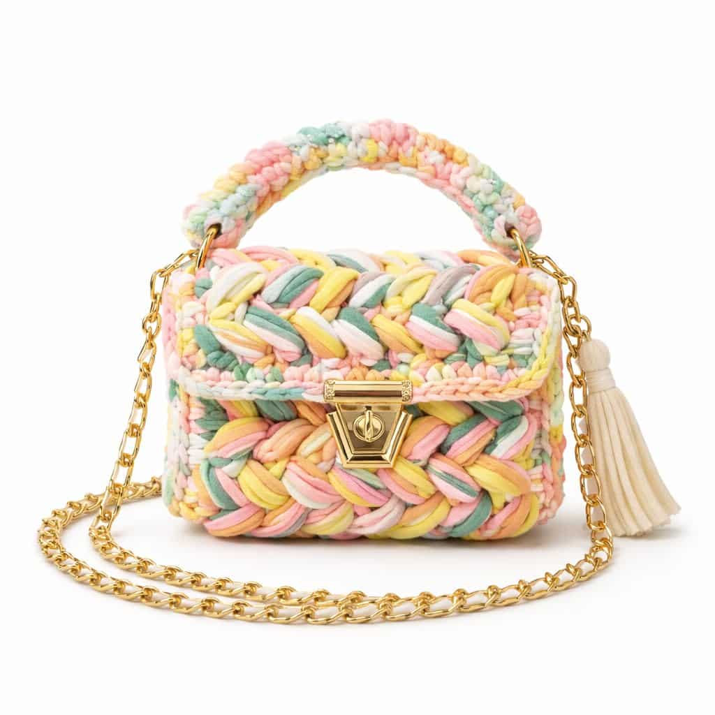 Luxury Crochet Knit Handbag for Women bag – T-Shirt Yarn Crochet Bag, Handmade Multicolor Cotton Shoulder Bag with Chain Strap & Designer Lock (Pastel Multicolor)