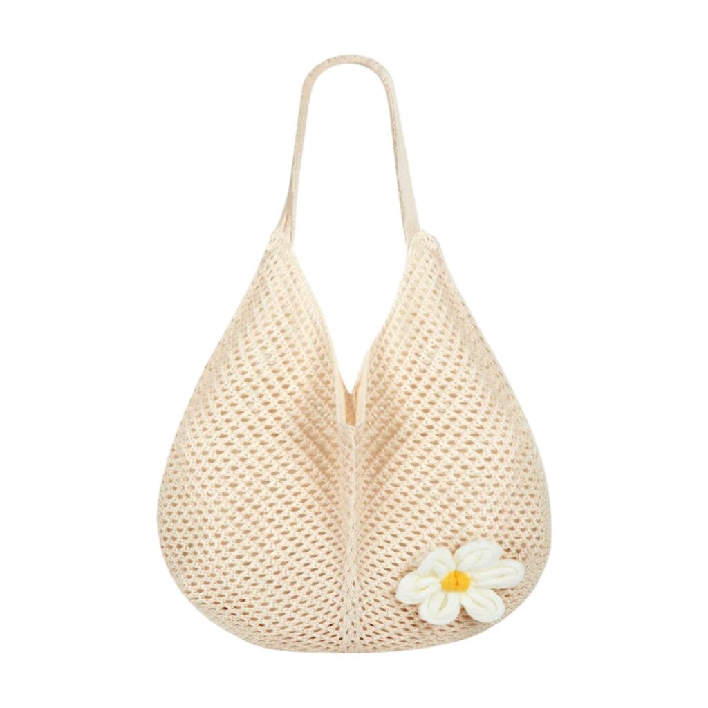 PALAY® Tote Bag for Woman Crochet Mesh Beach Shoulder Bags with Flower Brooch Summer Vacation Knitted Bag for Women Shoulder