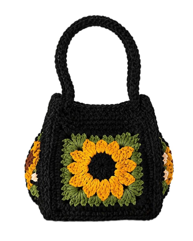 RHC Hand Made Crochet Tote Bag with Sunflower Design, Black and Green, Granny Square Style 20×19×19