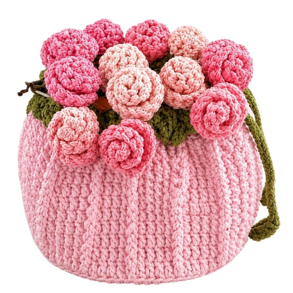RHC Handmade Crochet Bucket Bag with 3D Pink Rose Floral Embellishment, Pink, Medium, Women's Crossbody Handbag 18×18