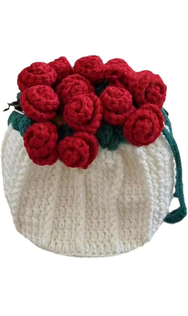 RHC Handmade Crochet Bucket Bag with 3D Red Rose Floral Embellishment, White, Medium, Women's Crossbody Handbag 18×18