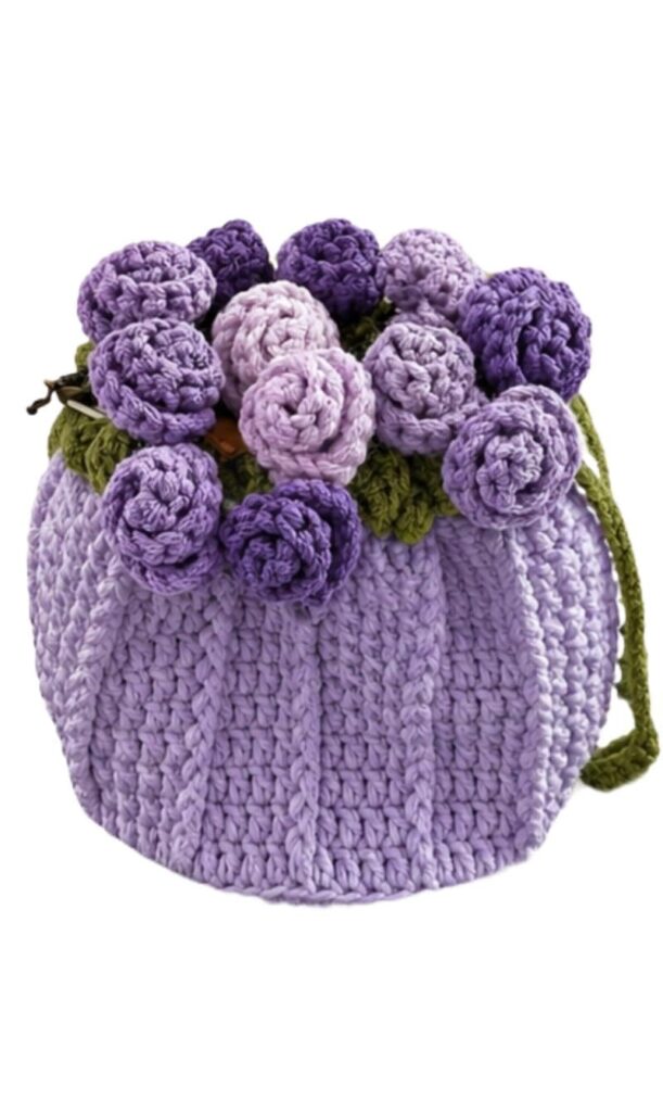 RHC Handmade Crochet Bucket Bag with 3D Violet Rose Floral Embellishment, Violet, Medium, Women's Crossbody Handbag 18×18