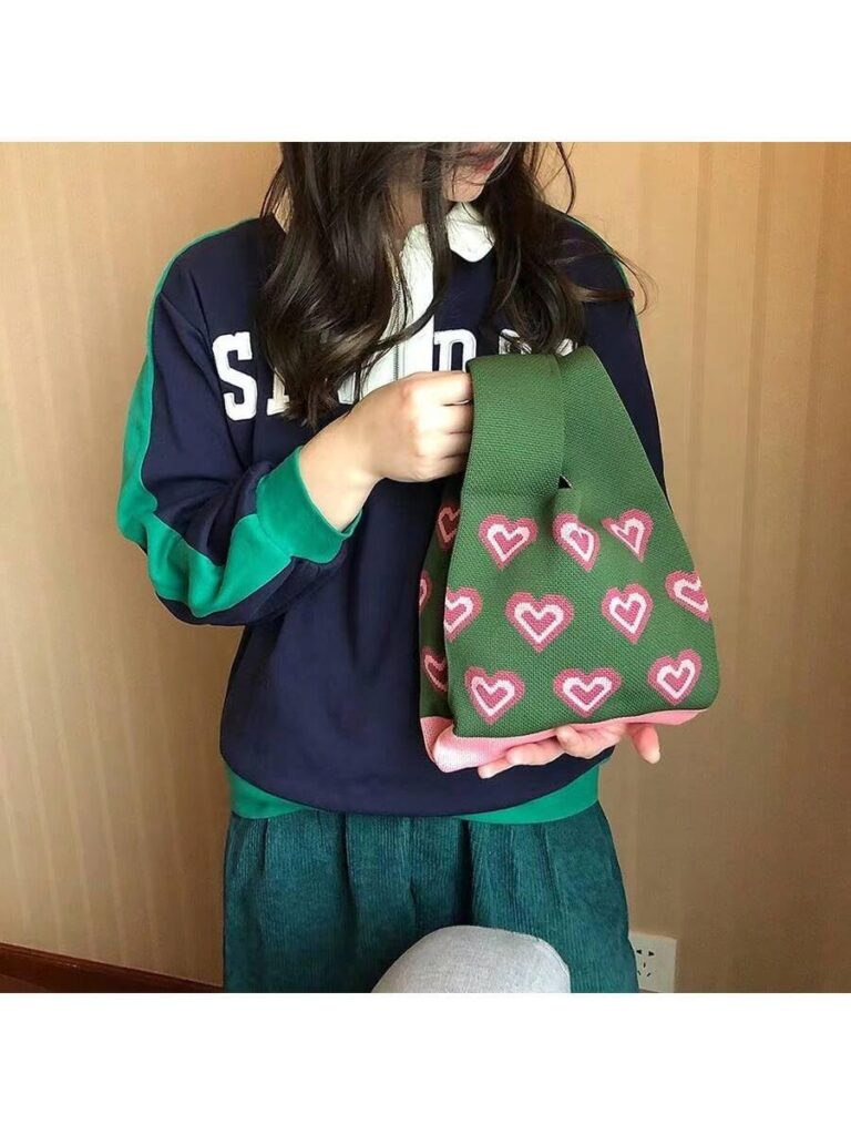 Street27® Japanese Style Wrist Handbag for Women Knitted Handbag With Bow Décor Aesthetic Crochet Knit Tote Bag suitable for daily use, Shopping, Travel, Gift