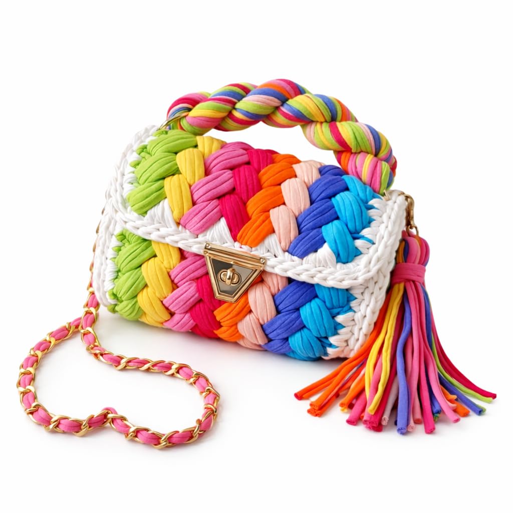 T-Shirt Yarn Crochet Bag Handmade Crochet Multicolor Handbag for Women,Rainbow Woven Cotton Shoulder Bag with Chain Strap & Tassel (Multicolor)
