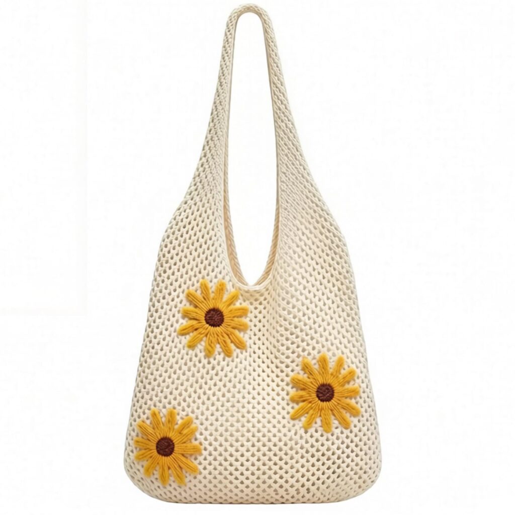 Tote Bag for Women Crochet Mesh Beach Shoulder Bag Khaki Knitted Summer Handbag with Flower Brooch Large Capacity Lightweight Casual Shopping Travel Shoulder Tote Bag for Women