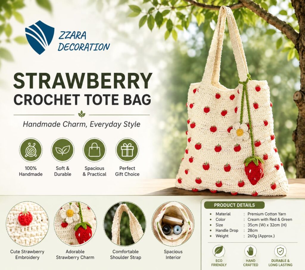 ZZARA Crochet Tote Bag, Cream and Red Strawberry Pattern, Casual Shoulder Handbag with Floral Charm Handmade Casual Cotton Handbag