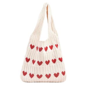 Zibuyu® Crochet Heart Tote Bag for Women, Y2K Aesthetic Knit Bag, Soft Spacious Hippie Beach Bag, Cream with Red Hearts Ideal for Work School and Casual