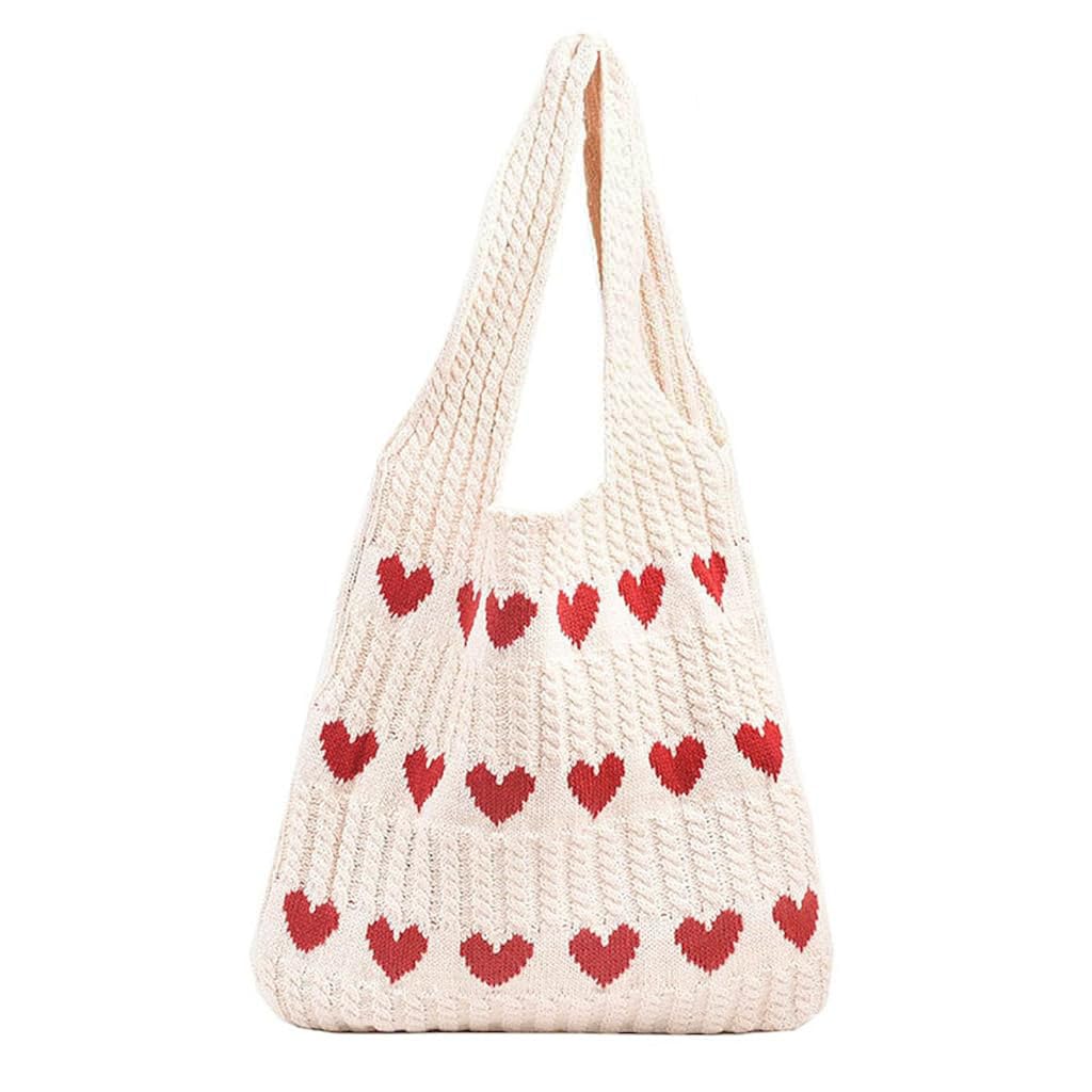 Zibuyu® Crochet Heart Tote Bag for Women, Y2K Aesthetic Knit Bag, Soft Spacious Hippie Beach Bag, Cream with Red Hearts Ideal for Work School and Casual